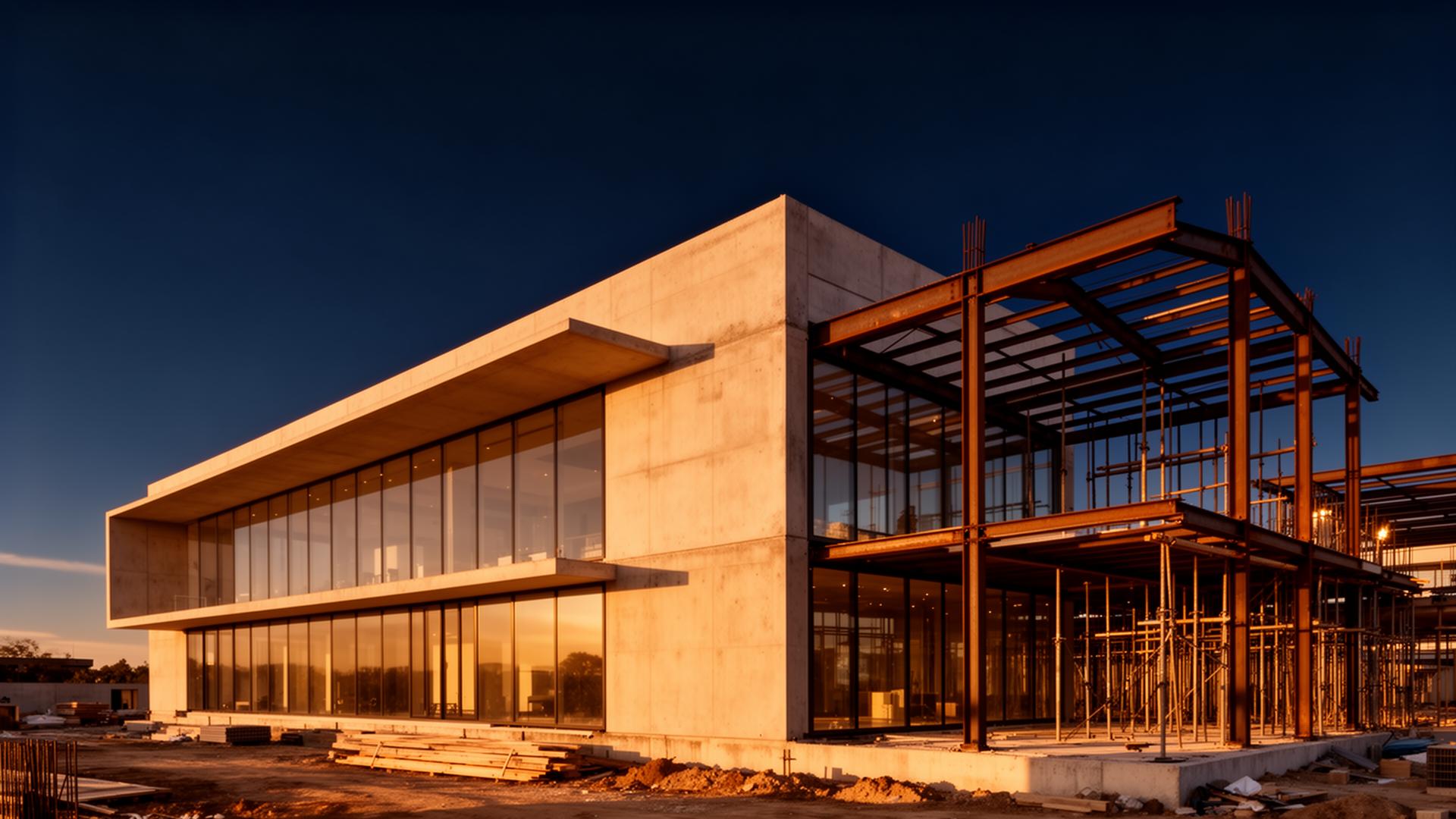 Modern luxury construction site at golden hour